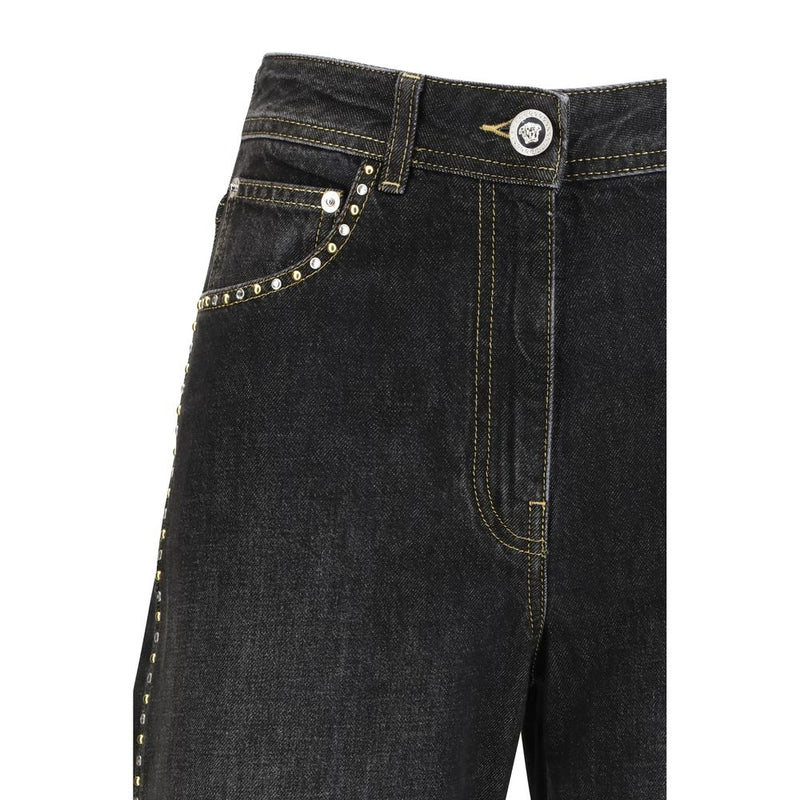 Versace Black Cotton Straight-Leg Jeans with Studs