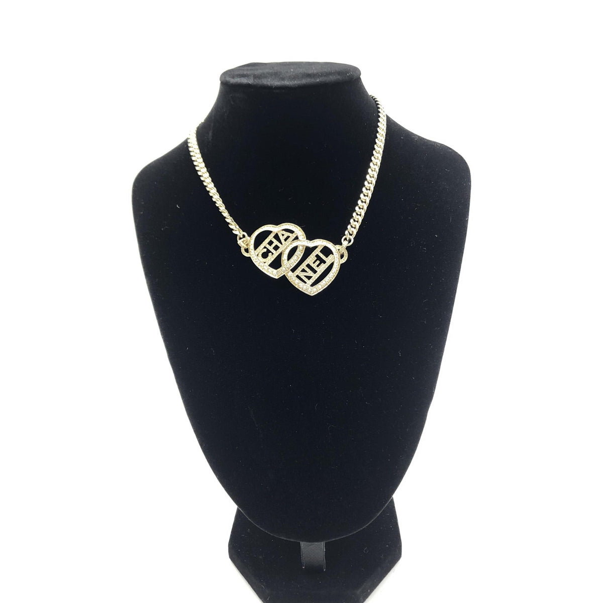 Chanel Gold Tone Heart Choker Necklace With Logo