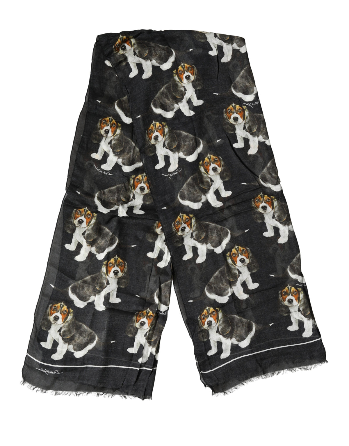 Écharpe Dolce &amp; Gabbana en laine modale noire à imprimé chien et franges, 178 cm x 64 cm