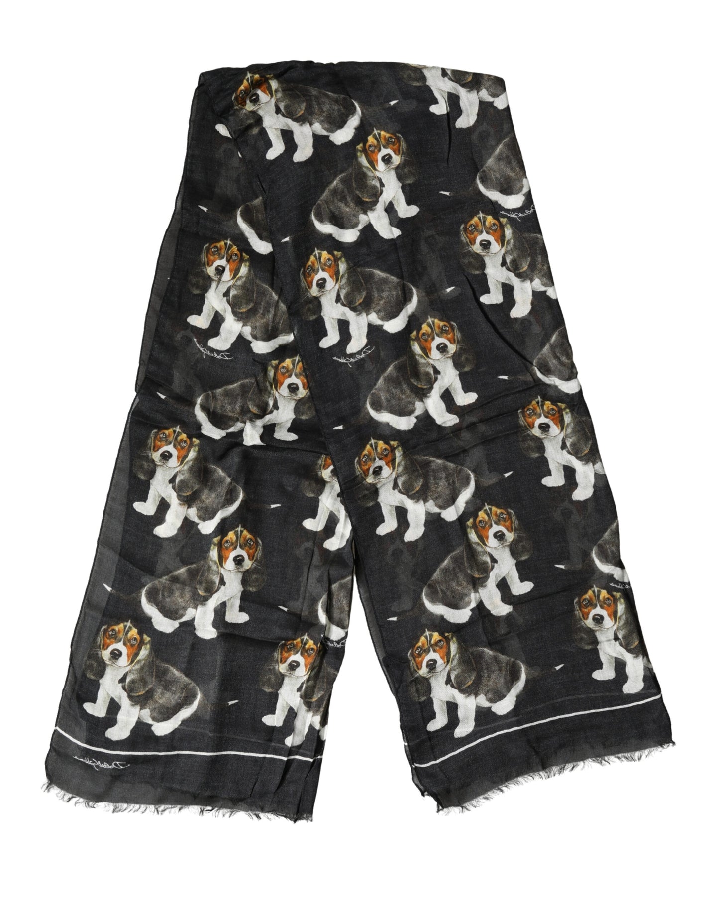 Écharpe Dolce &amp; Gabbana en laine modale noire à imprimé chien et franges, 178 cm x 64 cm