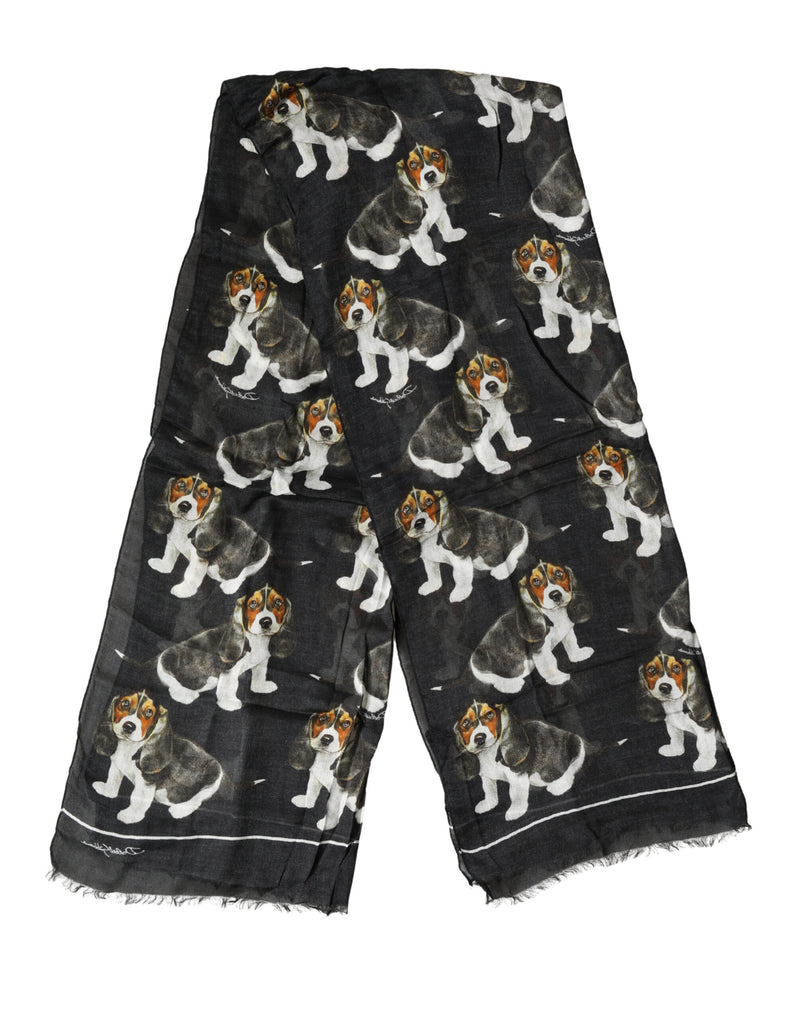 Écharpe Dolce &amp; Gabbana en laine modale noire à imprimé chien et franges, 178 cm x 64 cm