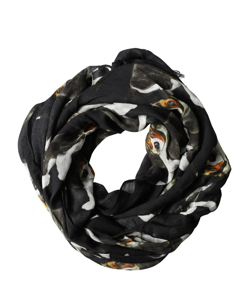 Écharpe Dolce &amp; Gabbana en laine modale noire à imprimé chien et franges, 178 cm x 64 cm