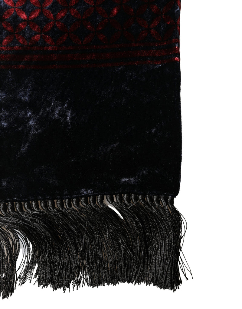 Dolce & Gabbana Black Red Rayon Geometric Pattern Fringe 140cm X 16cm  Scarf