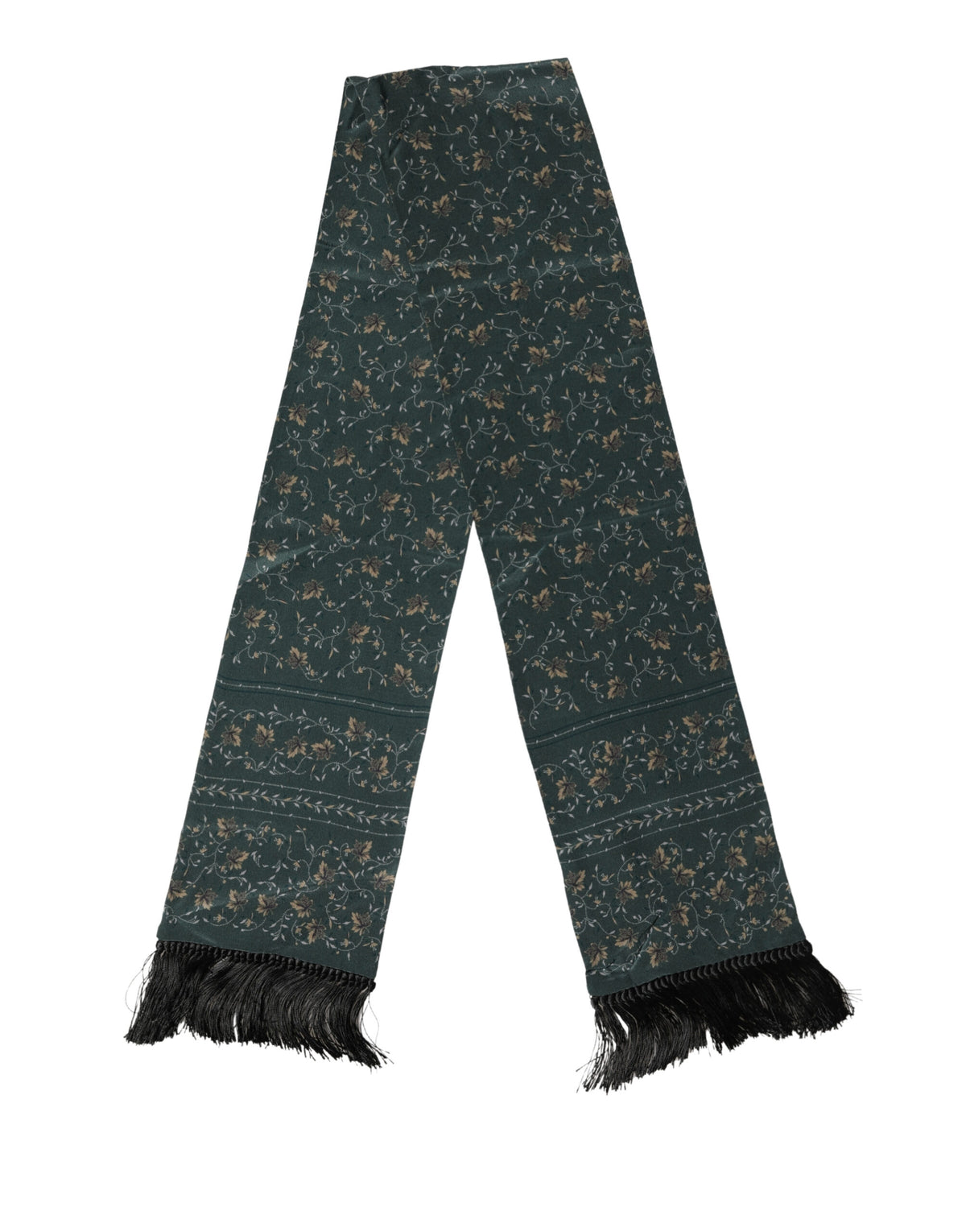 Écharpe Dolce &amp; Gabbana en soie verte à motif floral et franges, 135 cm x 16 cm