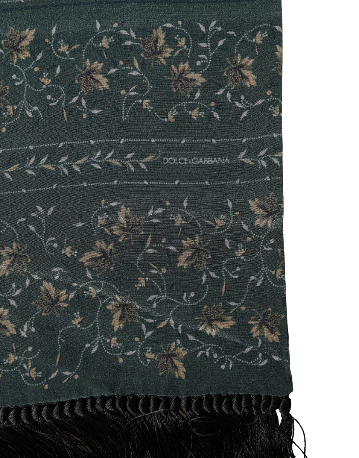 Écharpe Dolce &amp; Gabbana en soie verte à motif floral et franges, 135 cm x 16 cm