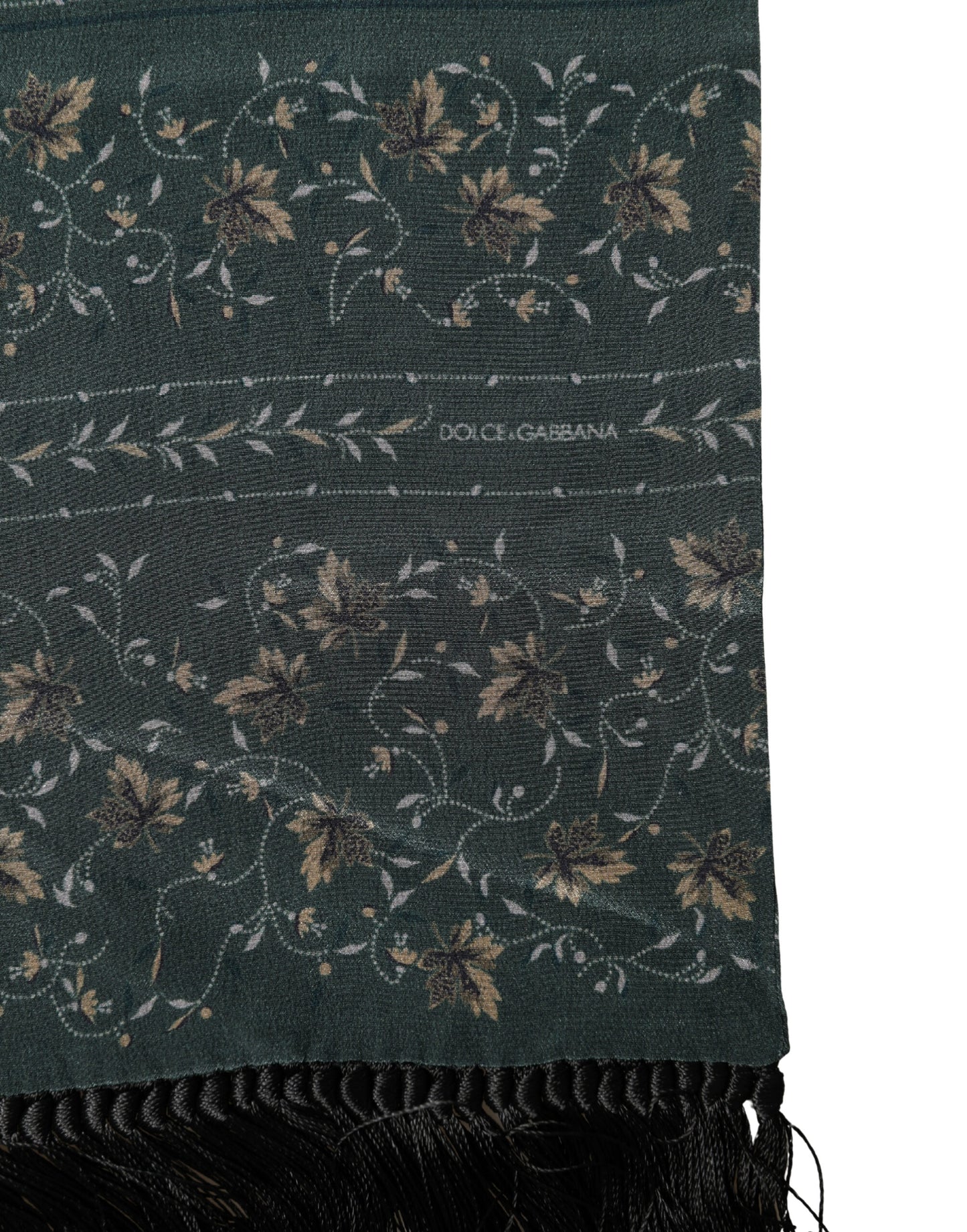 Écharpe Dolce &amp; Gabbana en soie verte à motif floral et franges, 135 cm x 16 cm