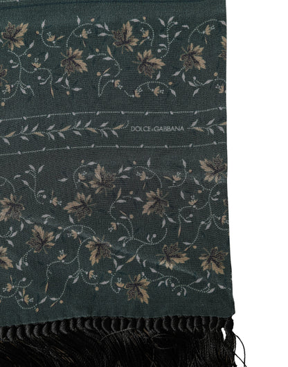 Écharpe Dolce &amp; Gabbana en soie verte à motif floral et franges, 135 cm x 16 cm