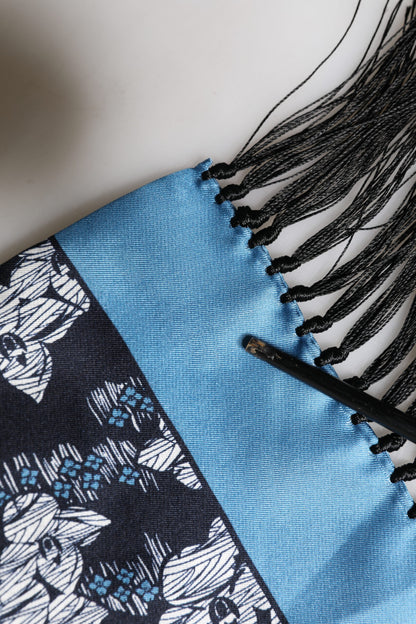 Écharpe Dolce &amp; Gabbana en soie noire et bleue à motif floral et franges, 140 cm x 16 cm