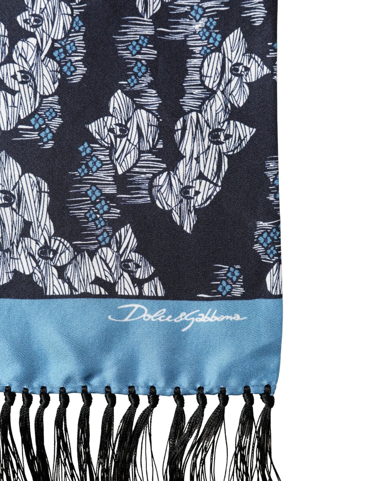 Écharpe Dolce &amp; Gabbana en soie noire et bleue à motif floral et franges, 140 cm x 16 cm
