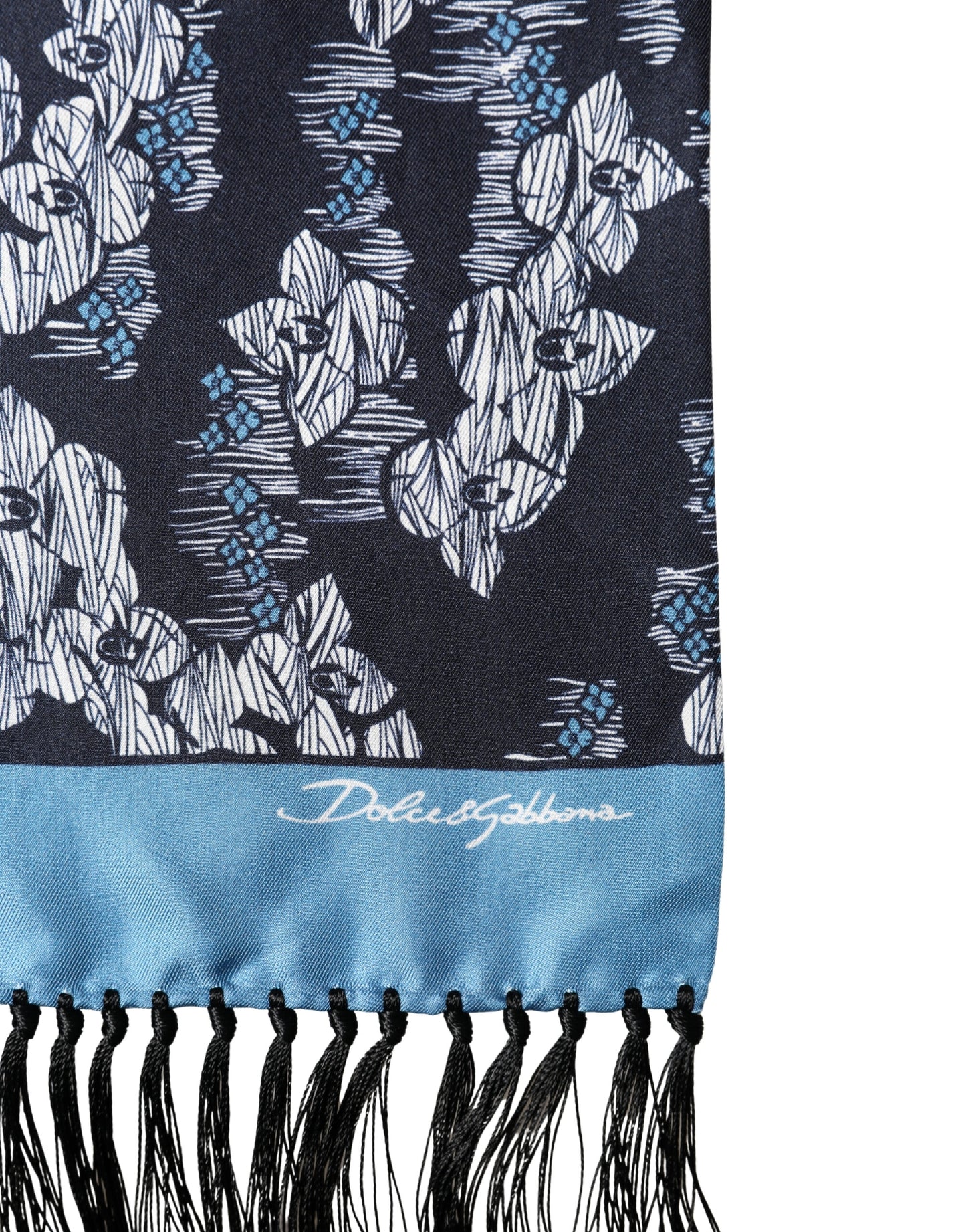 Écharpe Dolce &amp; Gabbana en soie noire et bleue à motif floral et franges, 140 cm x 16 cm