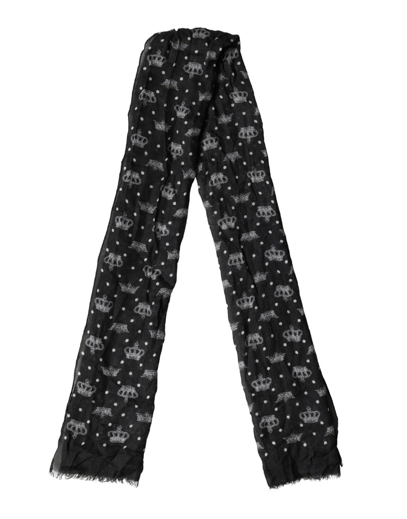 Dolce & Gabbana Black Wool Crown Print Fringe Neck Wrap 180cm x 65cm Scarf