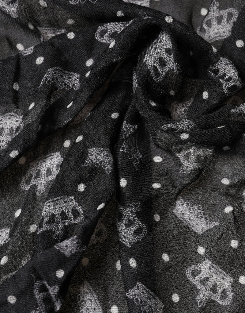 Dolce & Gabbana Black Wool Crown Print Fringe Neck Wrap 180cm x 65cm Scarf