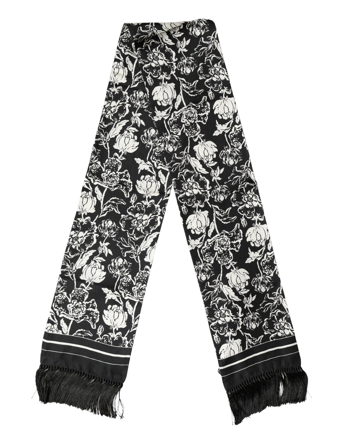 Écharpe Dolce &amp; Gabbana en soie noire et blanche à imprimé floral et franges, 136 cm x 15,5 cm