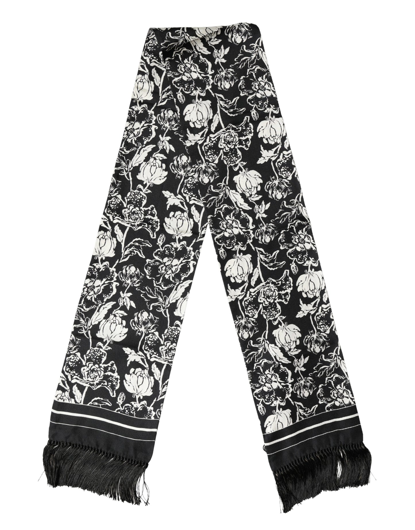 Écharpe Dolce &amp; Gabbana en soie noire et blanche à imprimé floral et franges, 136 cm x 15,5 cm