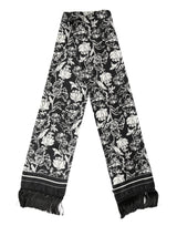 Écharpe Dolce &amp; Gabbana en soie noire et blanche à imprimé floral et franges, 136 cm x 15,5 cm