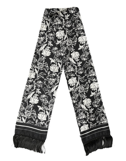 Écharpe Dolce &amp; Gabbana en soie noire et blanche à imprimé floral et franges, 136 cm x 15,5 cm