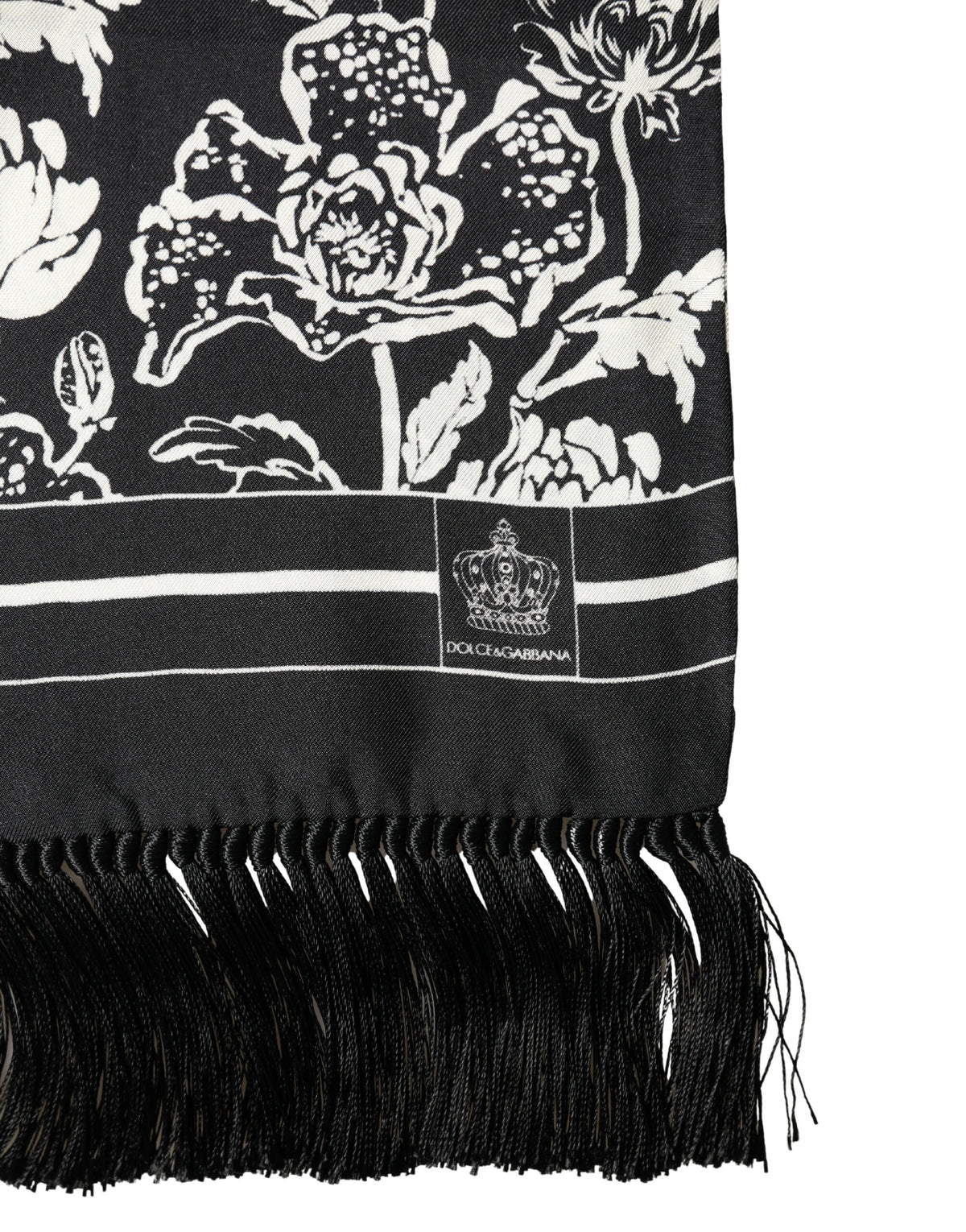 Écharpe Dolce &amp; Gabbana en soie noire et blanche à imprimé floral et franges, 136 cm x 15,5 cm