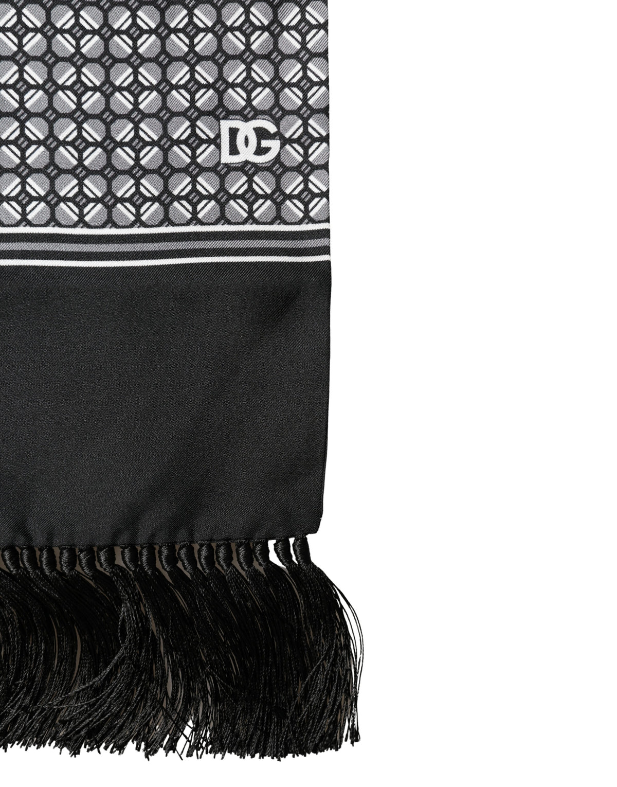 Foulard Dolce &amp; Gabbana en soie noire à franges géométriques, 140 cm x 15 cm