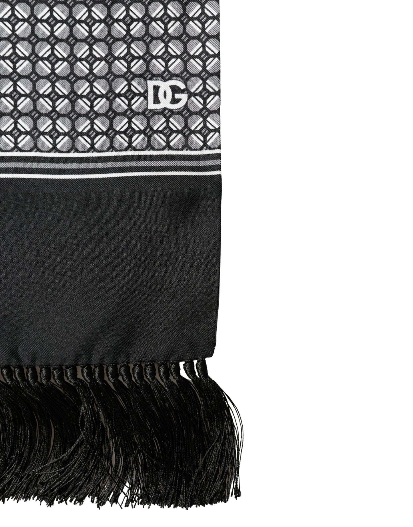 Foulard Dolce &amp; Gabbana en soie noire à franges géométriques, 140 cm x 15 cm