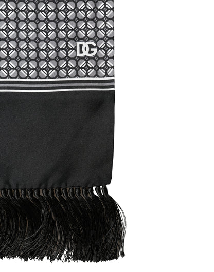 Foulard Dolce &amp; Gabbana en soie noire à franges géométriques, 140 cm x 15 cm