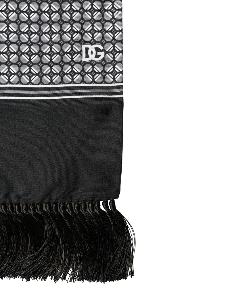 Dolce & Gabbana Black Silk Geometric Fringed Foulard 140cm x 15cm Scarf