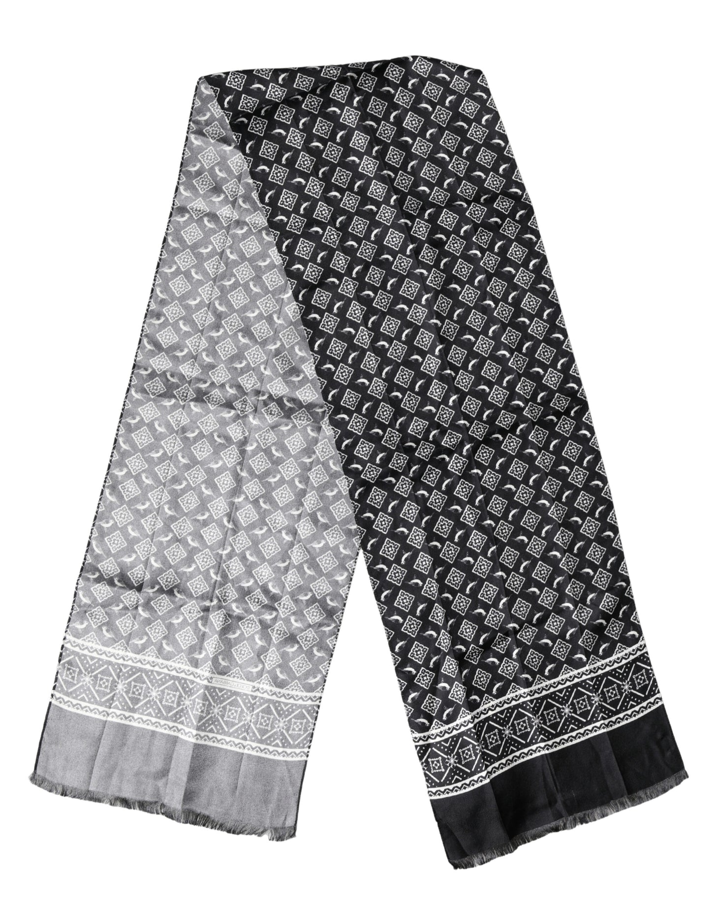Foulard Dolce &amp; Gabbana en soie noire et grise à franges d'oiseaux, 140 cm x 23 cm