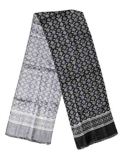 Foulard Dolce &amp; Gabbana en soie noire et grise à franges d'oiseaux, 140 cm x 23 cm