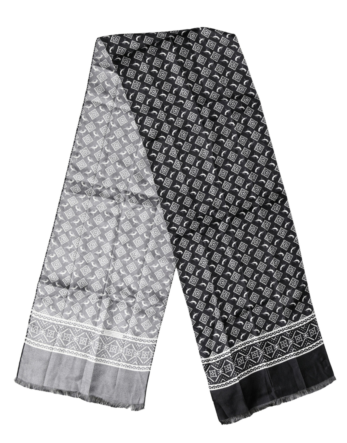 Foulard Dolce &amp; Gabbana en soie noire et grise à franges d'oiseaux, 140 cm x 23 cm