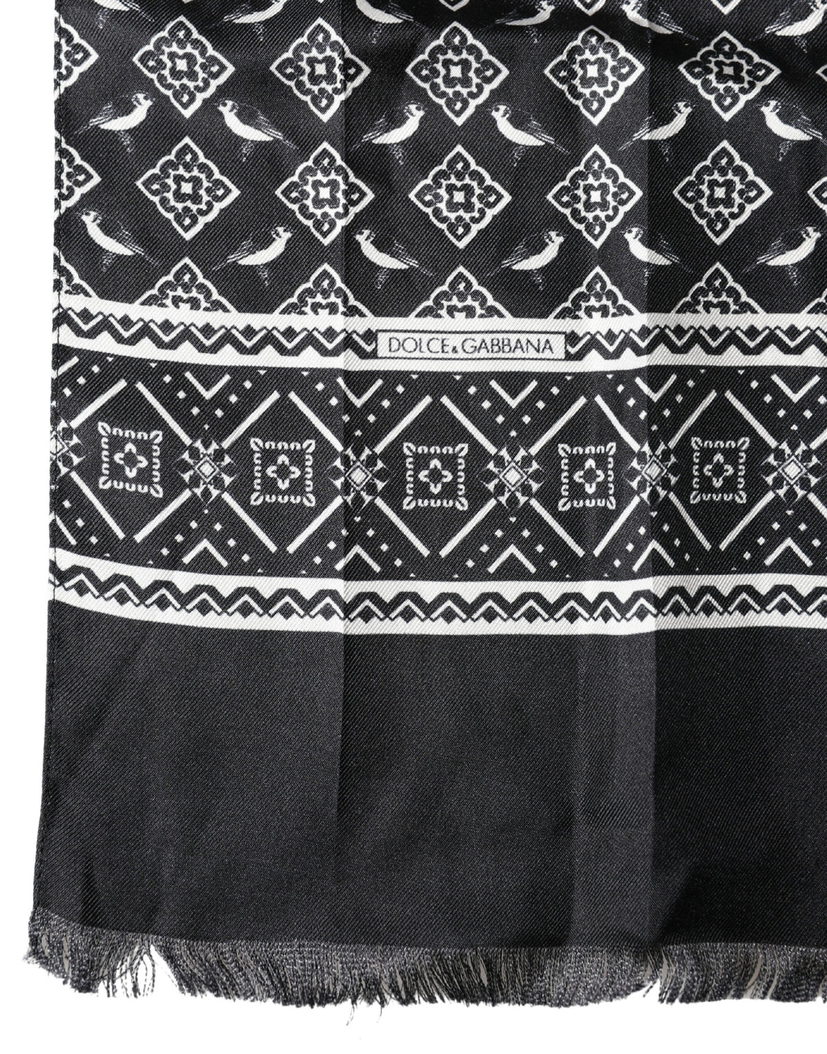 Foulard Dolce &amp; Gabbana en soie noire et grise à franges d'oiseaux, 140 cm x 23 cm