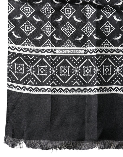 Foulard Dolce &amp; Gabbana en soie noire et grise à franges d'oiseaux, 140 cm x 23 cm