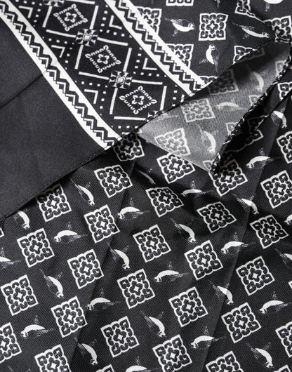 Foulard Dolce &amp; Gabbana en soie noire et grise à franges d'oiseaux, 140 cm x 23 cm