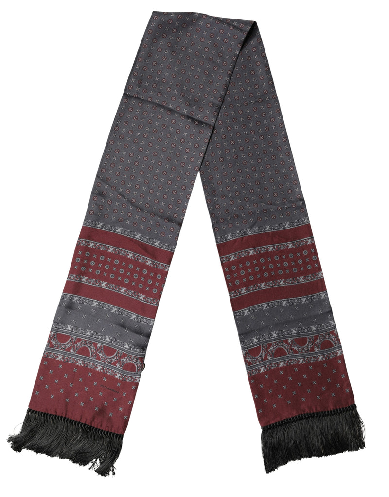 Dolce & Gabbana Bordeaux Grijs Patroon Franje Foulard 141cm X 15.5cm Sjaal
