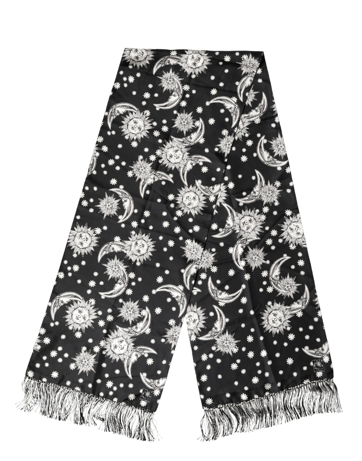 Foulard Dolce &amp; Gabbana en soie noire à franges soleil, lune et étoiles, 178 cm x 33 cm