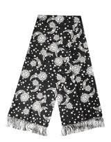 Foulard Dolce &amp; Gabbana en soie noire à franges soleil, lune et étoiles, 178 cm x 33 cm