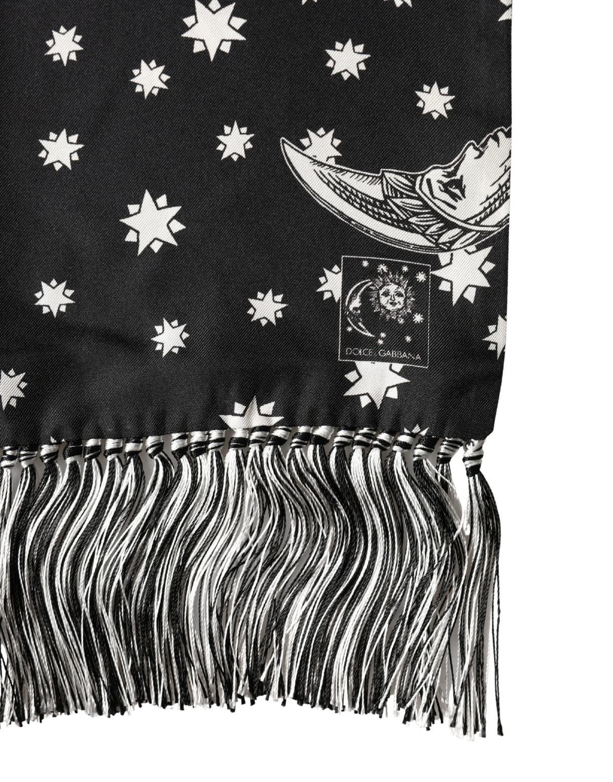 Foulard Dolce &amp; Gabbana en soie noire à franges soleil, lune et étoiles, 178 cm x 33 cm
