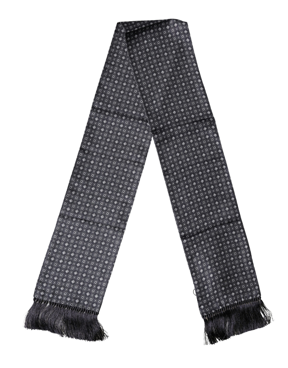 Foulard Dolce &amp; Gabbana en soie noire à franges géométriques, 136 cm x 15 cm