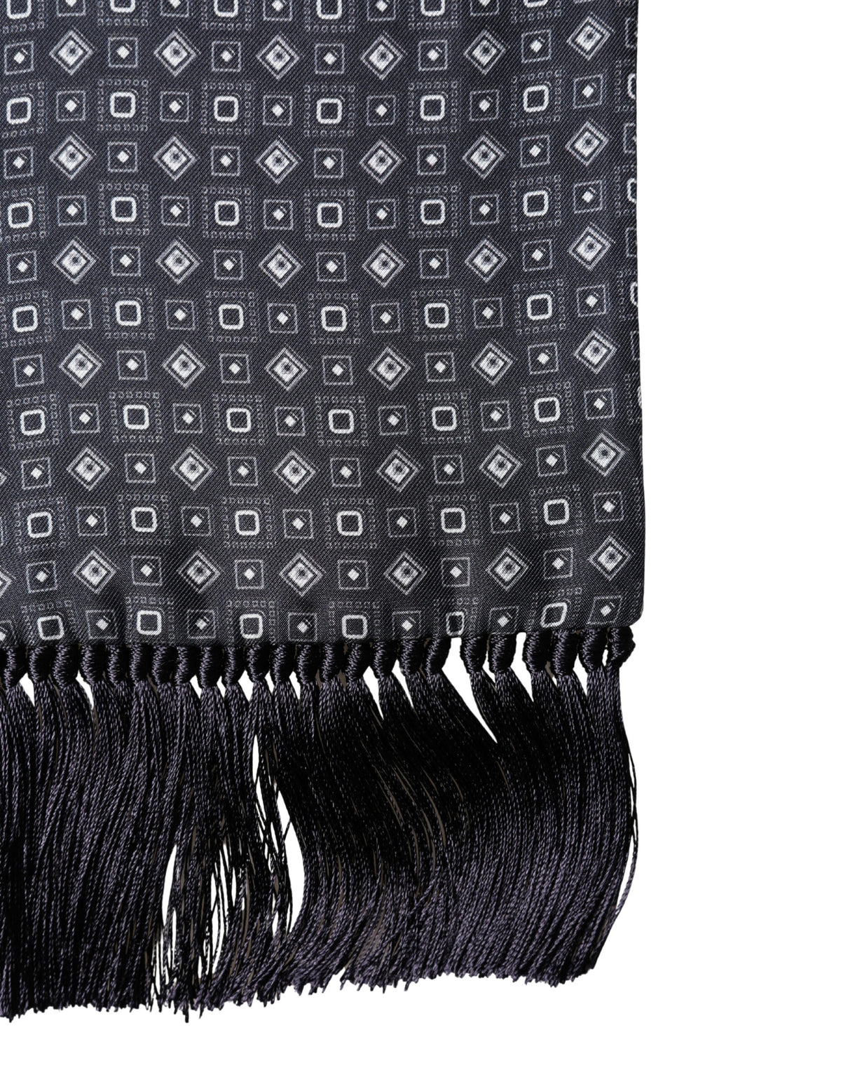 Foulard Dolce &amp; Gabbana en soie noire à franges géométriques, 136 cm x 15 cm