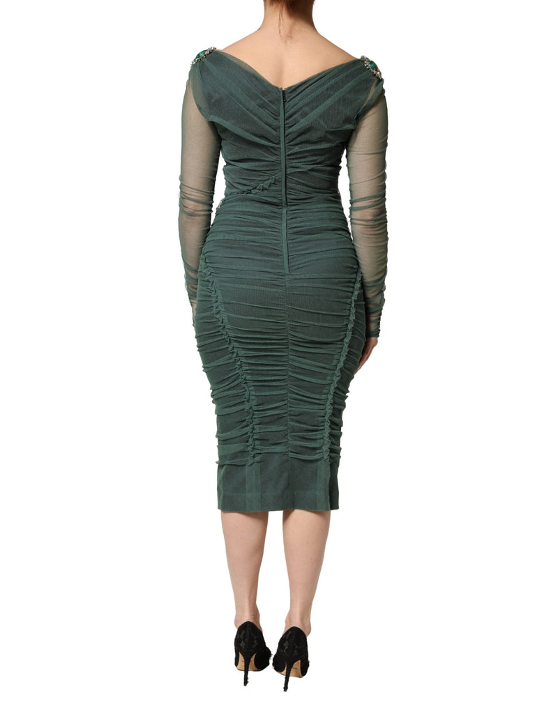 Dolce & Gabbana Green Ruched Mesh Midi Dress with Sheer Sleeves