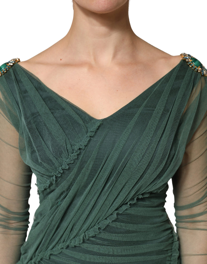 Dolce & Gabbana Green Ruched Mesh Midi Dress with Sheer Sleeves