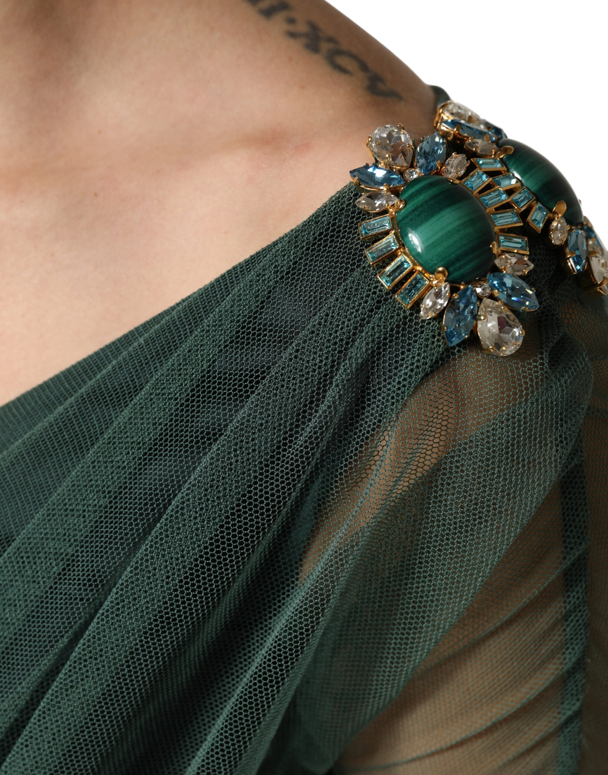 Dolce & Gabbana Green Ruched Mesh Midi Dress with Sheer Sleeves