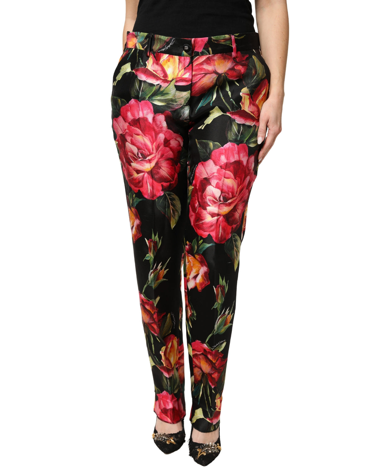 Dolce & Gabbana Black Floral Silk Mid Waist Tailored Trousers