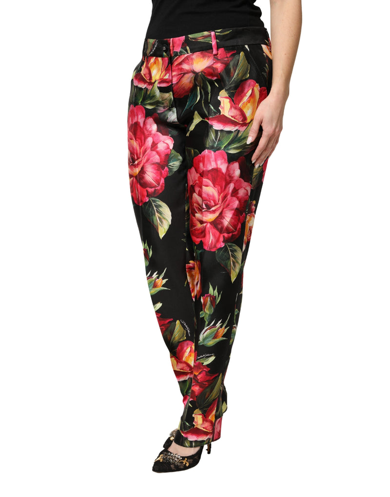 Dolce & Gabbana Black Floral Silk Mid Waist Tailored Trousers