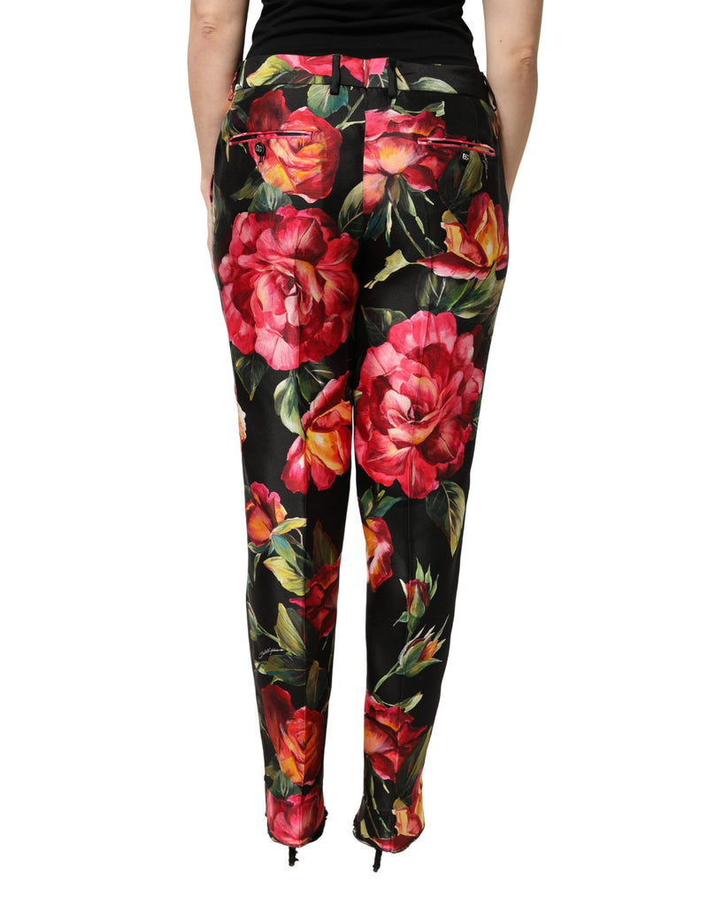 Dolce & Gabbana Black Floral Silk Mid Waist Tailored Trousers