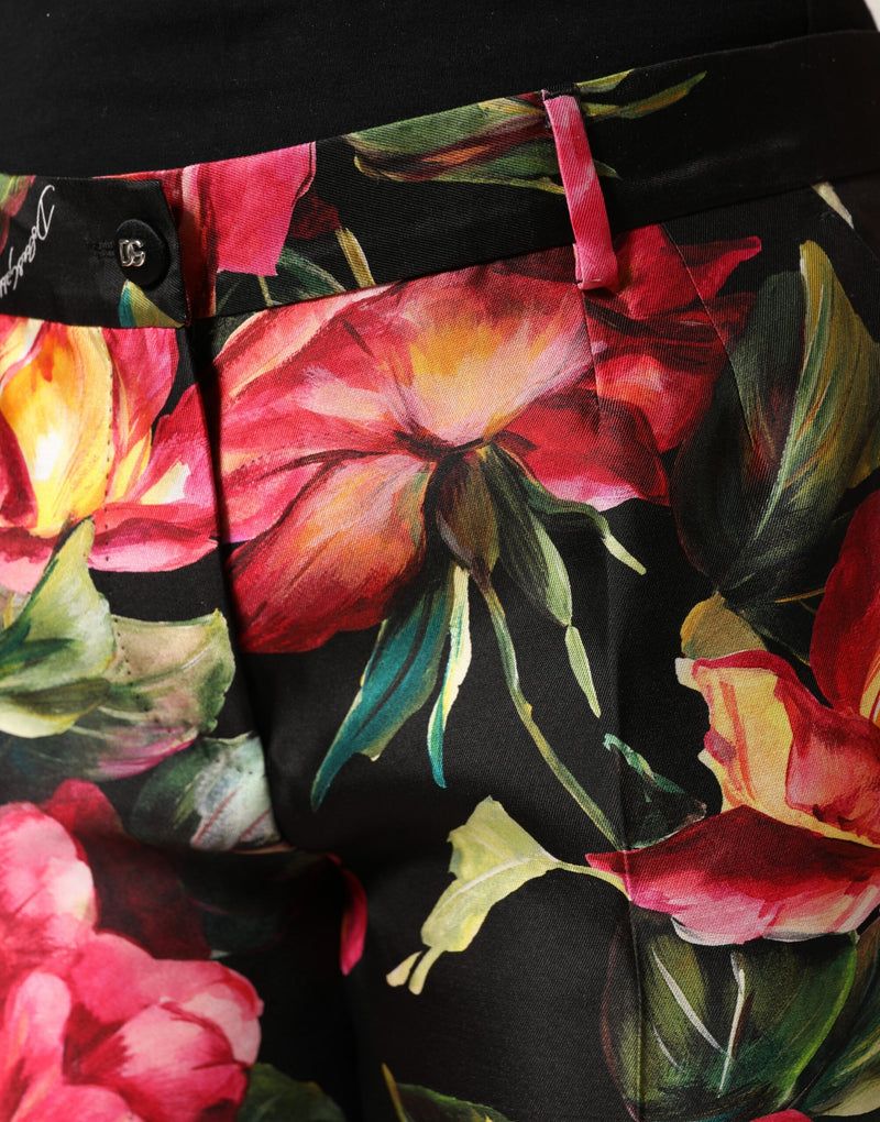 Dolce & Gabbana Black Floral Silk Mid Waist Tailored Trousers