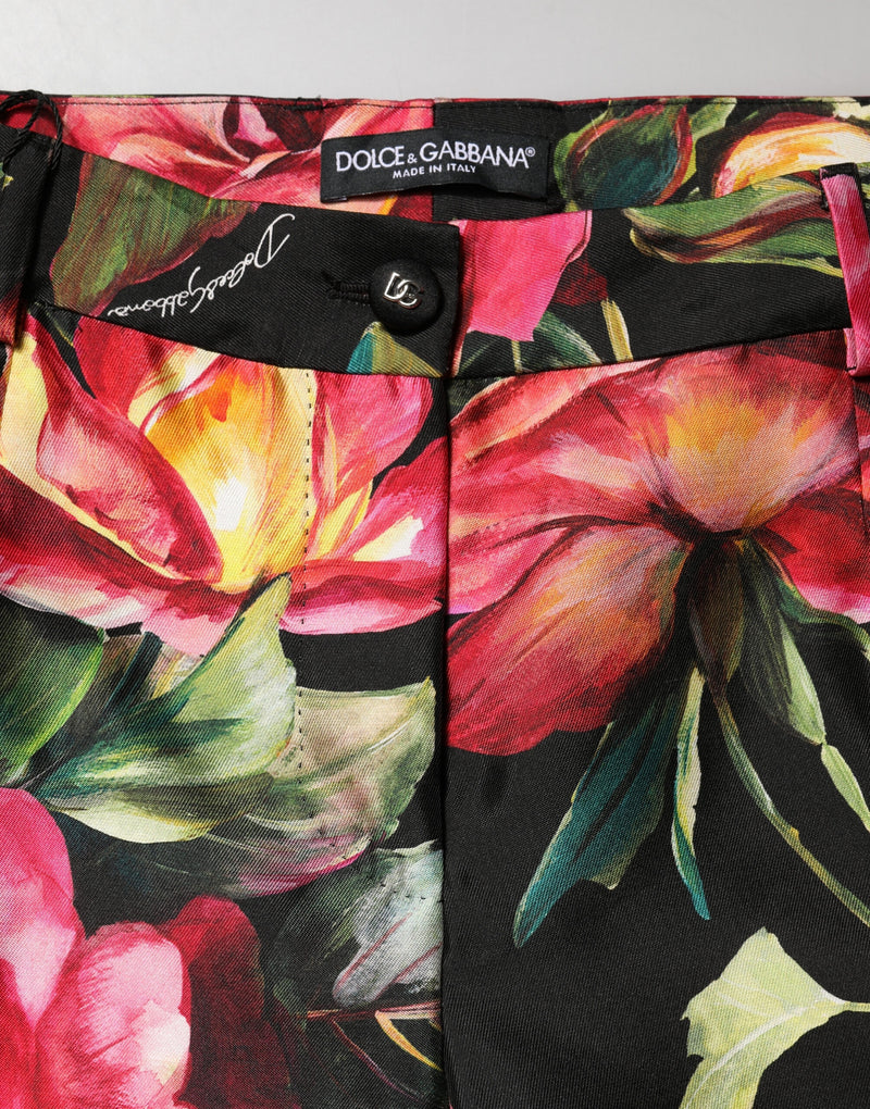 Dolce & Gabbana Black Floral Silk Mid Waist Tailored Trousers