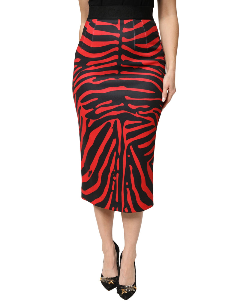 Dolce & Gabbana Red Black Zebra Print Pencil Midi Skirt
