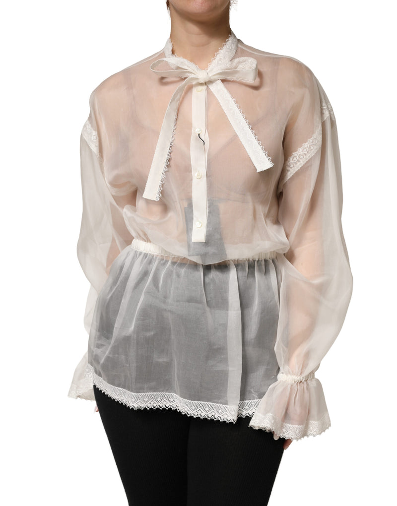 Dolce & Gabbana White Sheer Silk Blouse with Lace Bow Tie