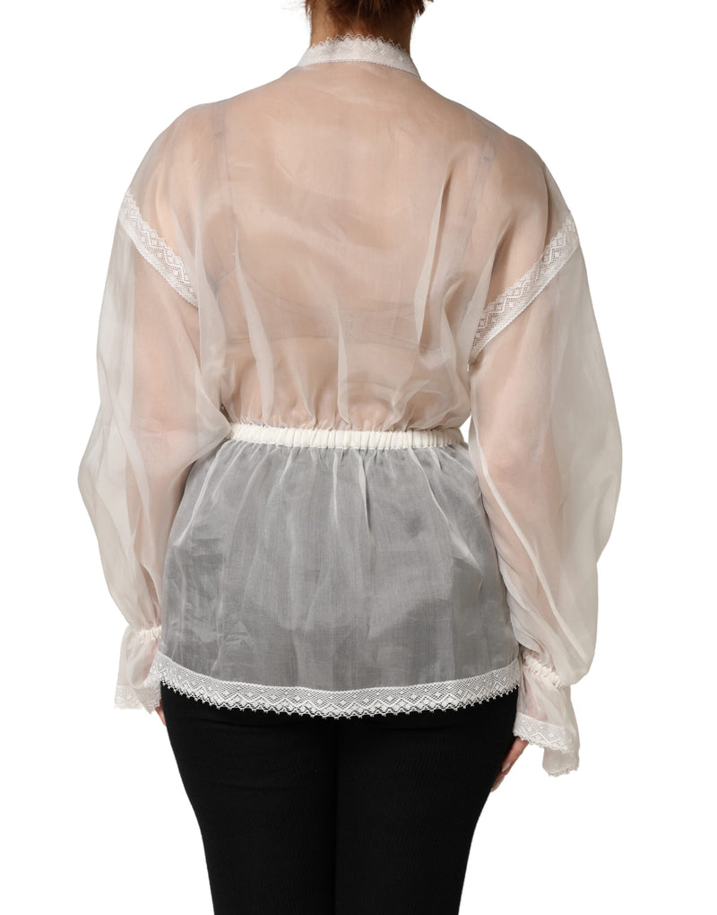 Dolce & Gabbana White Sheer Silk Blouse with Lace Bow Tie