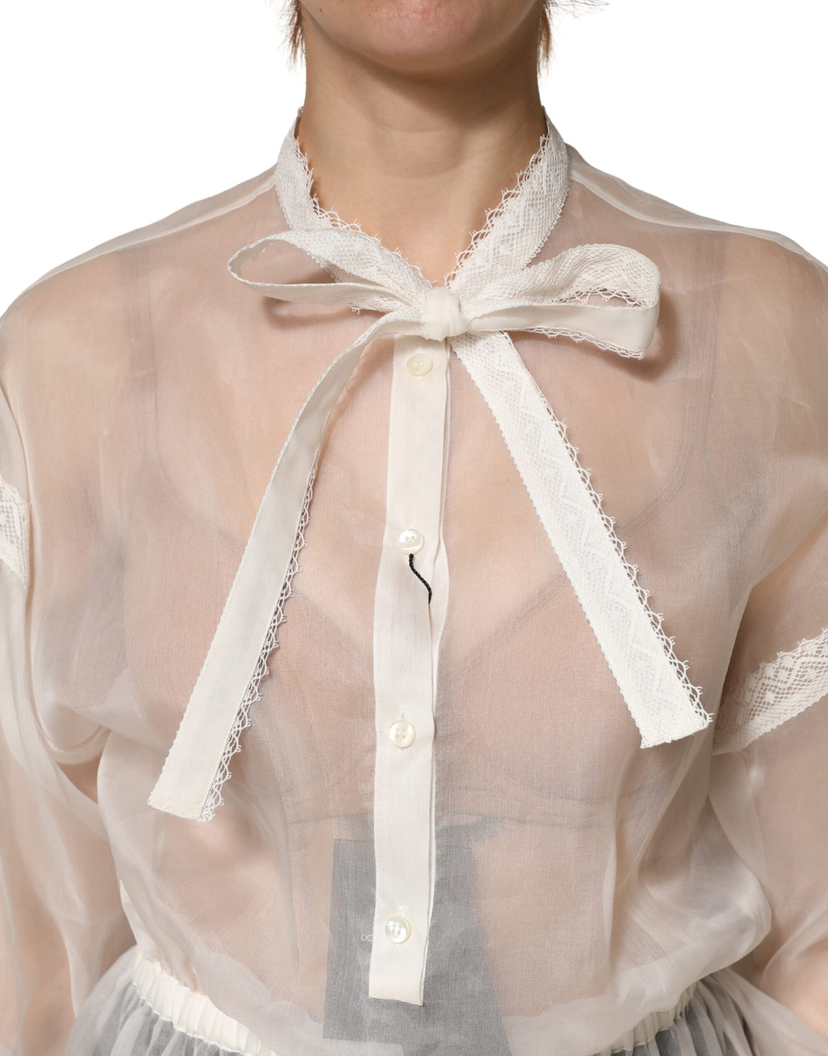 Dolce & Gabbana White Sheer Silk Blouse with Lace Bow Tie