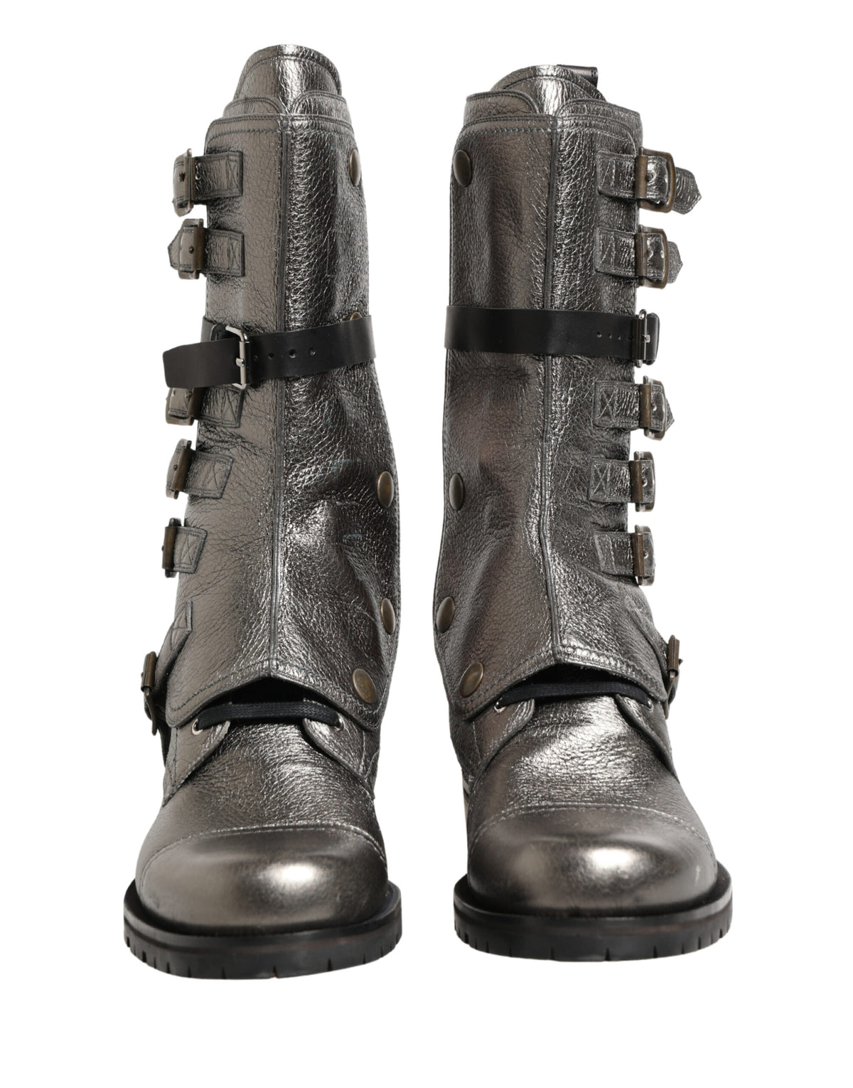 Dolce & Gabbana Metallic Leather Buckle Combat Boots